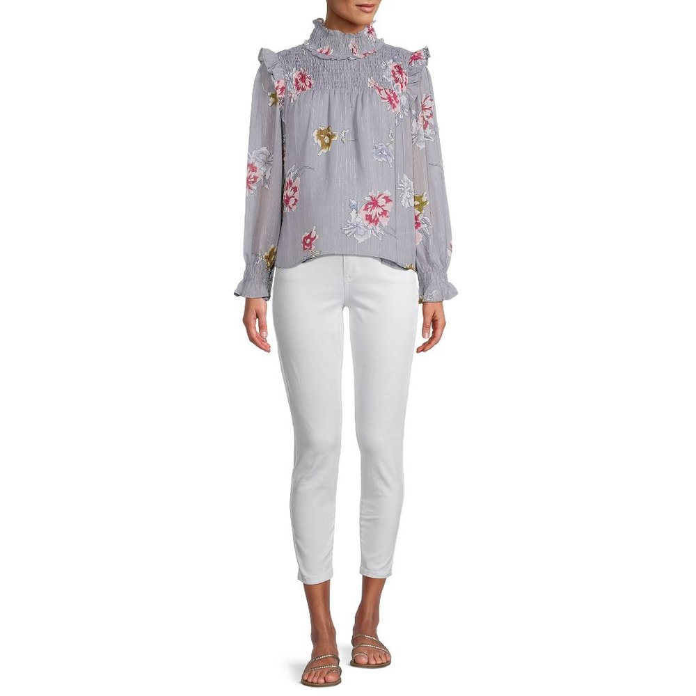 Floral Ruffled Poet Blouse High Neck Smocked Long Sleeves Sz XL NWT - Picture 7 of 8